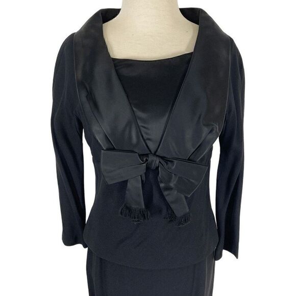 Jeunesse NY S VTG 10 Black Dress Set 1950s Day Suit Bow Volup Satin Shawl Collar - Picture 3 of 13